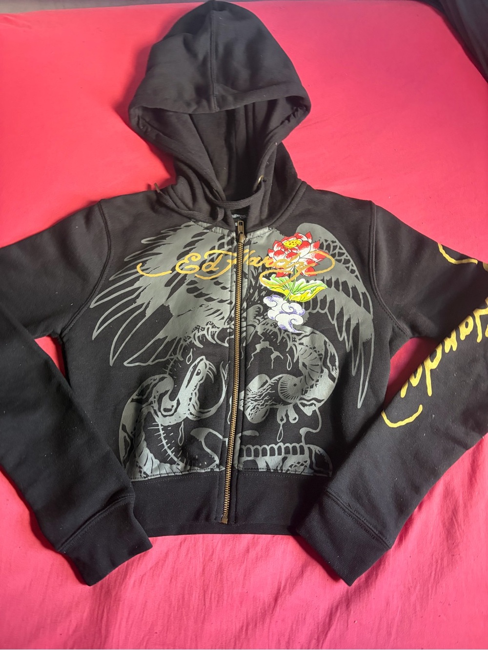 Ed Hardy Black Hooded Zip Jacket with Multicolor Graphic